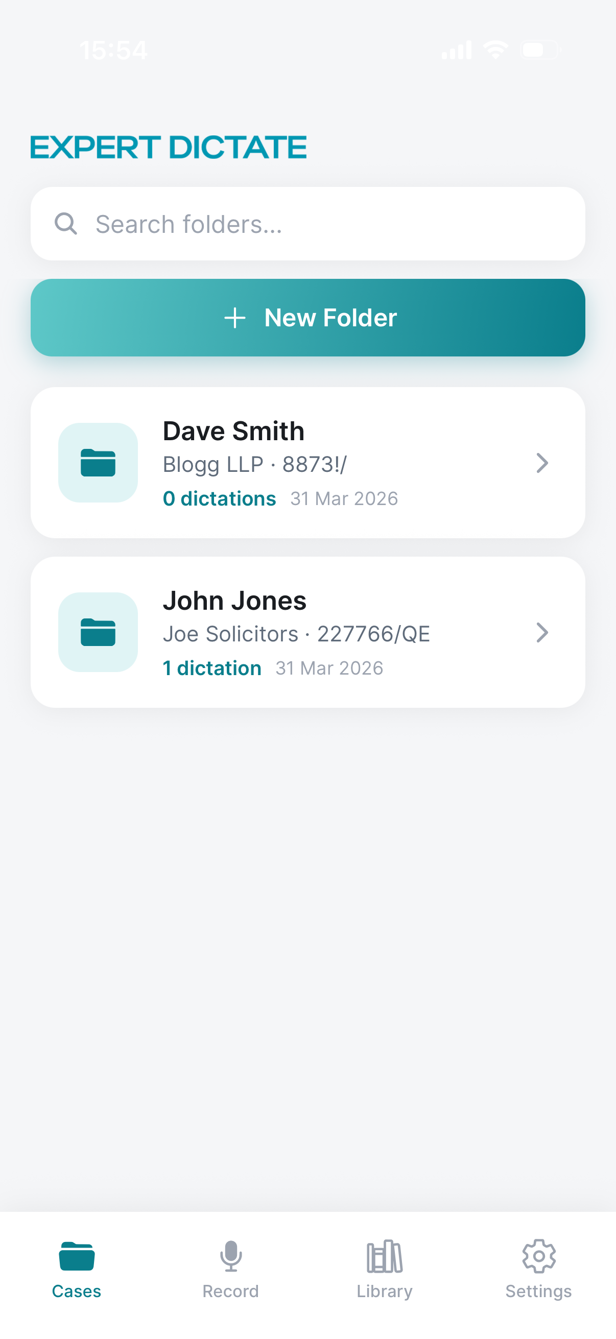 Expert Dictate cases screen